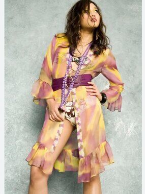 Sana Safinaz Beaded Silk Watercolor Print Sheer Open Front Kimono Duster Coverup